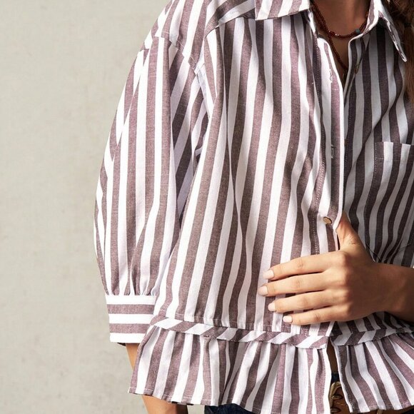 Brown Casual Women's Woven Striped Shirt Vacation natuical beachy travel europe - Picture 6 of 8
